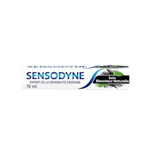 Sensodyne Dentifricio Cura Bianco Naturale Azione Sensibilità 24H, Trattamento Sensibilità, Dentifricio Sbiancante al Carbone di Origine Naturale, 75ml