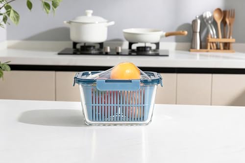 Image of Stegl Glass Food Storage Container Airtight Container with Silicone Lid & Drain Basket | Leak Proof Food Container for Meal Prep | Microwave Safe Transparent Kitchen Container