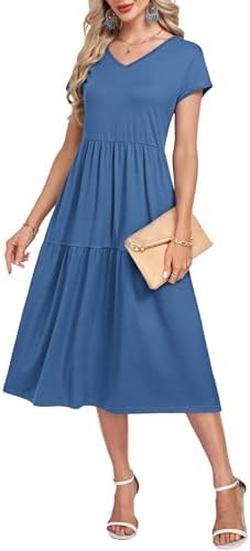 WNEEDU Summer Dresses for Women 2026 Casual V Neck Cap Sleeve Tiered Swing Flowy Midi Dress Beach Vacation Sundress
