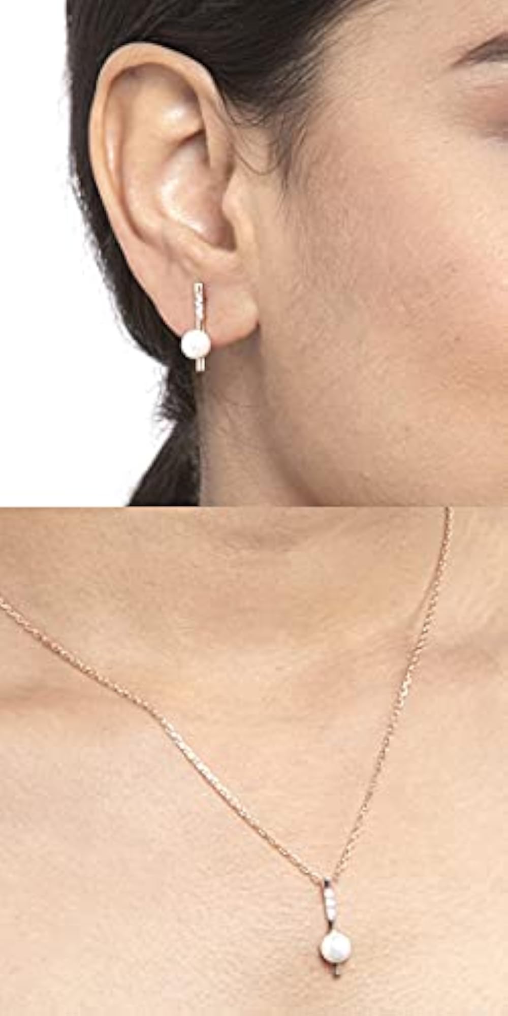 Women's 925 Silver Pearl Rose Pendant Earring Chain Jewellery Set