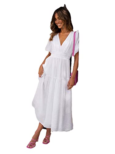Robe sexy à manches lanternes blanche XL mi-mollet unie pour femme élégante