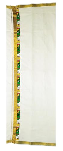 Image of Mens Print along with Border 100% Cotton Cream Dhoti 4.00 Meters Double Mundu /Vesti