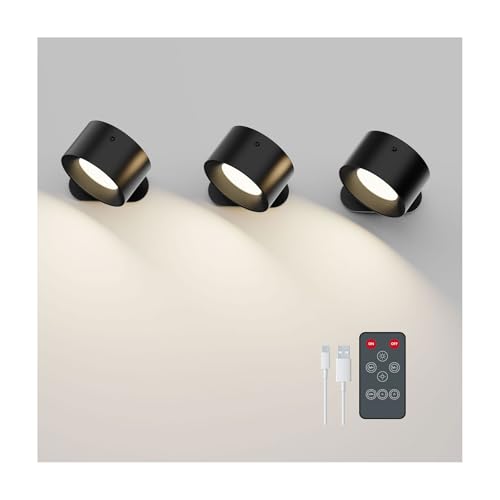 Image of Koopala 3PACK Rechargeable LED Wall Sconce, Cordless Battery with Remote Powered Wall Sconce, 3 Brightness Levels, 360 Swivel Magnetic Shade for Bedrooms, Hallways, Den and Reading Spaces（Black）