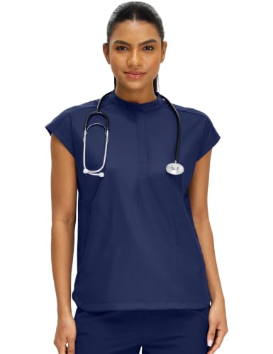 Women’s Medical Scrub Top, Mandarin Collar Nursing Scrub Shirt, Loose Fit Healthcare Uniform Top with 2 Pockets Navy Blue
