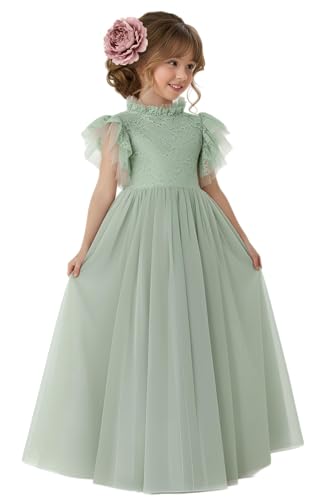 2Bunnies Girl Iris Floral Lace High Neck Ruffled Flutter Sleeve A-Line Tutu Tulle Party Flower Girl Dress