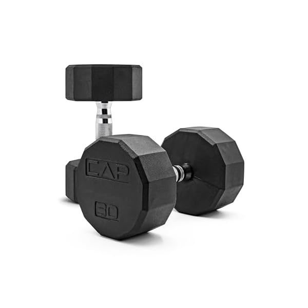 CAP Rubber Coated Dumbbell Weights, Free Weights for Home Gym Strength Training, Anti-Roll Hex Dumbbells with Black, Chrome & Comfort Grip Handles, Pairs & Sets