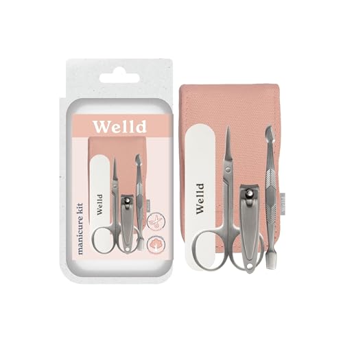 Welld Hand Manicure Kit, Nail Clipper, Nail Pusher, Fingernail Cleaner, Grooming Scissors, Compact Nail File, Pouch, Stainless Steel, Travel Friendly, Take To Go, For Men & Women, 5 Piece Set