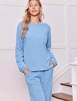 Ekouaer Damen Schlafanzug Lang Fleece Pyjama Set Winter Hausanzug Blau XL – Ansicht 4