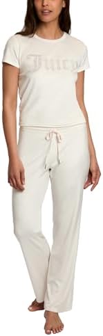 Juicy Couture Women's 2 Piece Velvet Fleece Short Sleeve Shirt and Pants Lounge Sleepwear Set