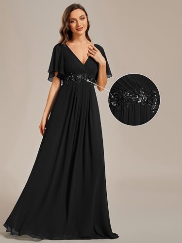 Image of Ever-Pretty Womens V Neck Applique Mother of the Bride Dresses Formal Dress | Chiffon, Short Sleeves, Ruched, A-Line, Bridesmaid Dresses, Formal Gown, Black Tie Dress