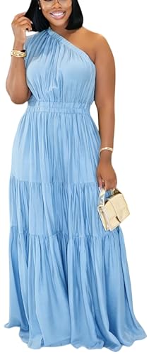 YUEWOO Womens Summer Dresses Long Ruffle Dress Casual Sleeveless Maxi Dress One Shoulder High Waisted Beach Dresses Sky Blue M