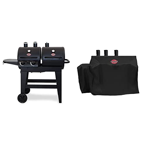 Char-Griller E5030 Dual Function 2-Burner Gas & Charcoal Grill, Black & 8080 3-Burner Dual Fuel Expandable Gas & Charcoal Outdoor Grill Cover, Black, 29 x 65 x 49