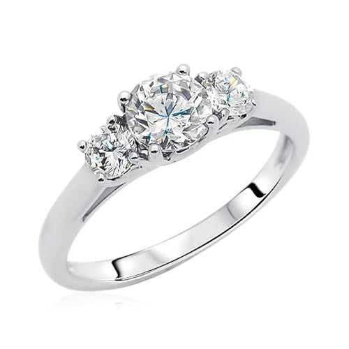 DoubleAccent Sterling Silver Rhodium Plated, Wedding Ring Round CZ Three Stone Engagement Ring