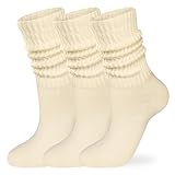 COZYOFFI Slouch Socks Crew Women: 98% Cotton 3 Pairs Socks with Boot Sneakers Off White