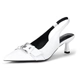 IDIFU White Heels Closed Toe Kitten Slingback Low Short Pointed Heels Dress Shoes for Women Wedding Prom Office Bridal Formal Bridesmaid Bride Comfortable Dressy Cute Pumps Shoes (White Pu, 7)