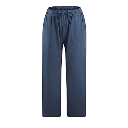 Zdrzk Wide Leg Pants For Women Lightweight Summer Pants Women Casual Cotton Linen Cropped Pants Elastic Waist Drawstring Wide Leg Capris Trousers Dark Blue L #TOP3