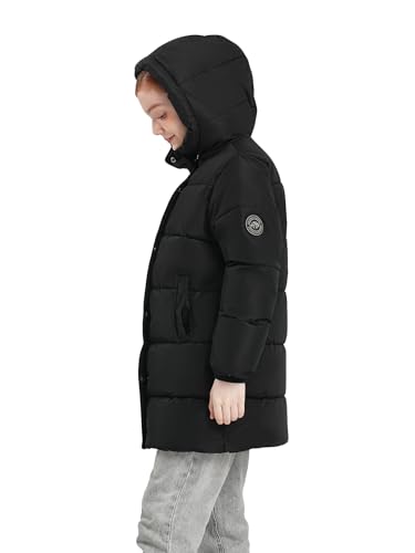 SOLOCOTE Mädchen Wintermantel wasserabweisend mit Kunstfell-Futter schwerer Kapuzen-Pufferjacke für Kinder Schwarz 152