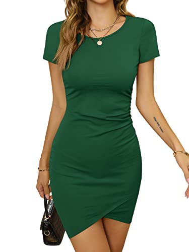 Missufe Tshirt Short Sleeve Bodycon Dress Women's Ruched Mini Summer Casual Sundress (Dark Green, Large)