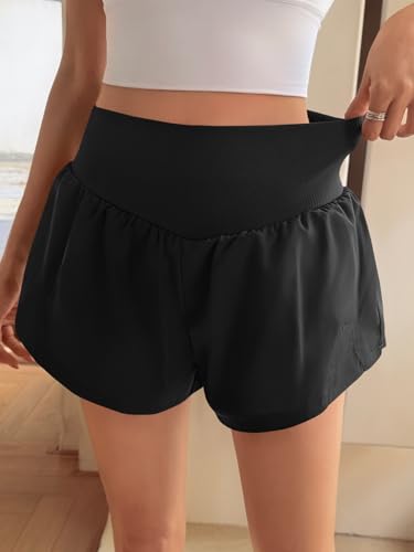 Fisoew Womens Running Shorts Workout Elastic High Waisted Loose Fit 2 in 1 Gym Yoga Biker Shorts2