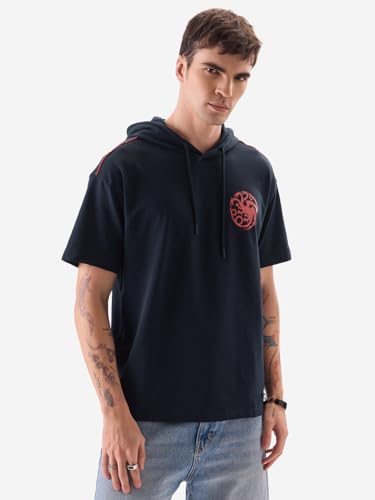 Image of The Souled Store Official House of The Dragon: Caraxes Men and Boys Navy and Red Graphic Print Short Sleeve Hooded Neck 100% Cotton Oversized Fit T-Shirts Hoodies Sweatshirts Pullovers Fleece