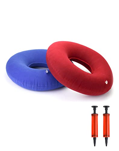 QWORK® 2 Piezas Cojín de Anillo Inflable con Bomba, Cojín de Asiento Donut para Inflamaciones, Hemorroides, Dolor de Coxis, Cistas, Embarazo, Parto (Azul & Rojo)