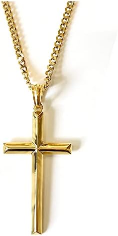 18K Gold Chain Cross Pendant Necklace for Men, Women 3MM Cuban Curb Chain w/real strong Solid Clasp gift for husband, wife Religious Beveled Edges
