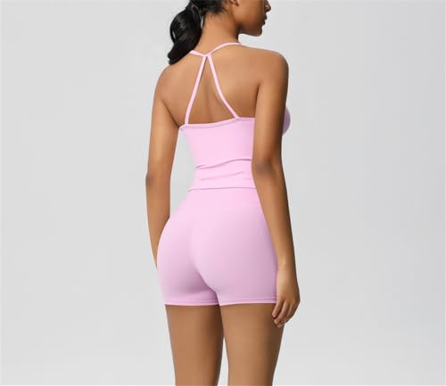 Ensemble d entraînement haut de gamme short de yoga taille haute et débardeur dos nu rose L