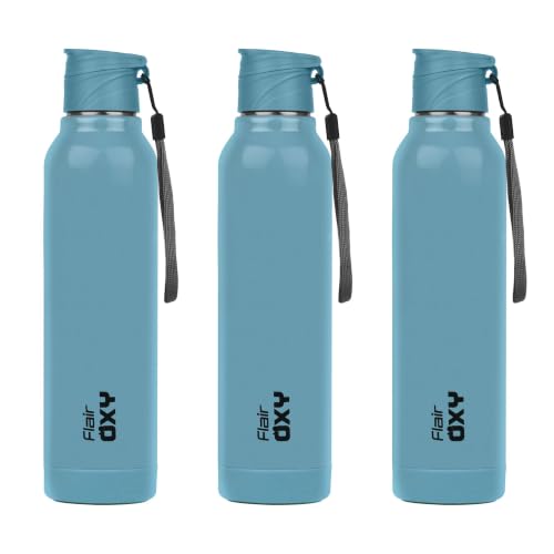 Image of FLAIR Oxy 900 Stainless Steel Water Bottle Set of 3 (650 ml Each), Blue, Hot & Cold, Leakproof, BPA-Free, ISI Certified, Stainless Steel Bottle for Office, Gym, Travel, Trekking & Outdoor Sports