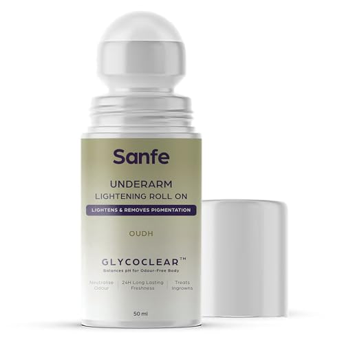 Image of Sanfe Underarm Lightening Roll On (Oudh) with 5% AHA, Glycolic Acid & Salicylic acid 0.5% W /W | For Underarms | Lightens & Remove Pigmentation | Deodorant for Underarms | Glycoclear Technology | Men & Women
