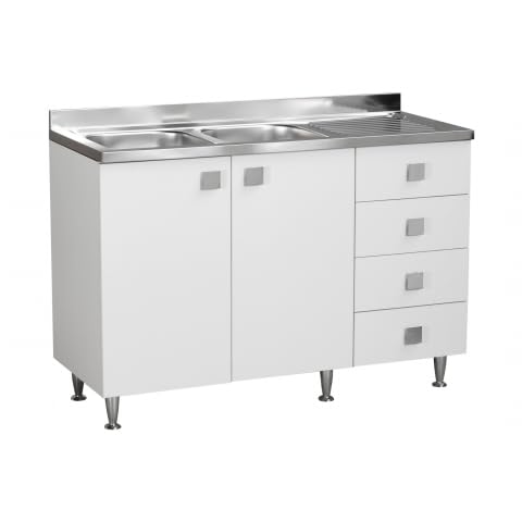 Relax e Design Mueble de Cocina con Fregadero de Acero Inoxidable, 2 Senos, 2 Puertas y 4 cajones Blancos Efecto Madera, escurridor, 120 x 50 x 88 cm (bañeras a la Izquierda)
