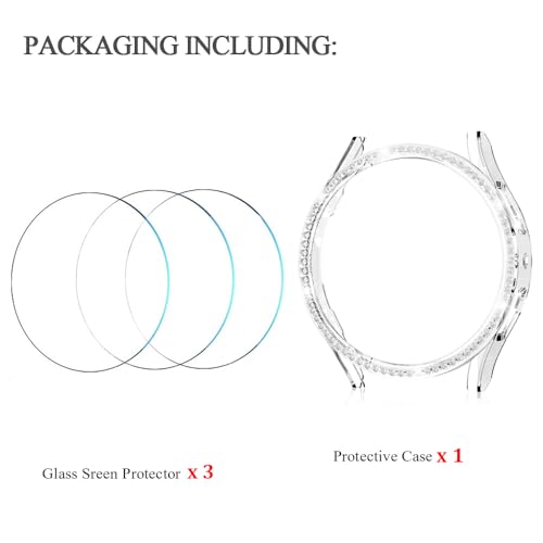 DEALELE [1+3-pak etui kompatybilne z Samsung Galaxy Watch 7 40 mm 44 mm, błyszczące diamentowe etui ochronne z ultracienkim szkłem hartowanego 9H, osłona ekranu dla kobiet mężczyzn, 40 mm,