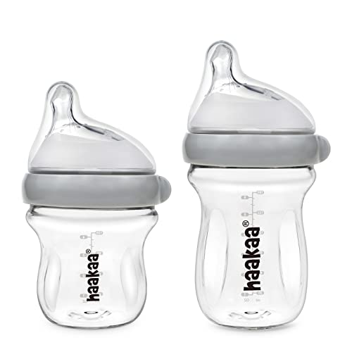 Image of haakaa Gen.3 Natural Glass Baby Bottle Set 4.2oz & 6oz - Wide Neck Anti-Colic Slow Varibale Flow Nipple, 0M+ 3M+ 6M+ Breastfed Babies