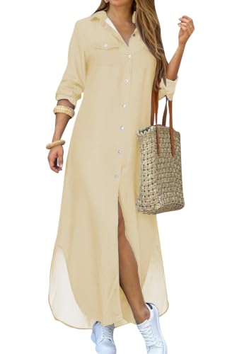 Image of DIACACY Women's Casual Lapel Collar Floral Print Maxi Dresses Side Slit Long Sleeves Loose Slim Shirt Dresses