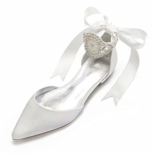 LLBubble Satin Crystals Wedding Flats for Bride Pointed Toe Ribbon Tie Party Dress Shoes Flats Women-Ivory-8