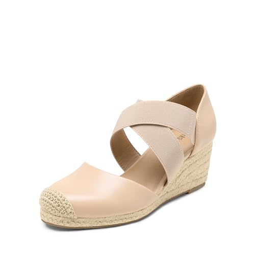 DREAM PAIRS Womens Close Toe Espadrilles Platform Slip on Elastic Criss Cross Straps Dressy Wedges Sandals 5.5 Nude