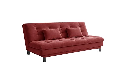 Image of 3 Seater Velvet Sofa Cum Bed, Tufted Convertible Sleeper Couch, Space-Saving Design, Comfortable Cushioned Seating - Red Color
