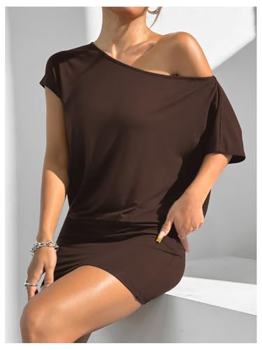 Image of SOLY HUX Women's Off The Shoulder Mini Dress Going Out Asymmetrical Neck Short Sleeve Casual Bodycon T Shirt Dresses