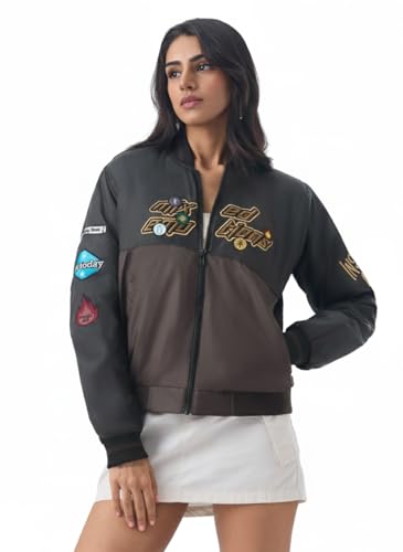 Image of The Souled Store Inside Out: Mixed Emotions Women and Girls Full Sleeves Spread Collar Dark Grey Graphic Printed Polyester Regular Fit Lightweight Bomber Jacket