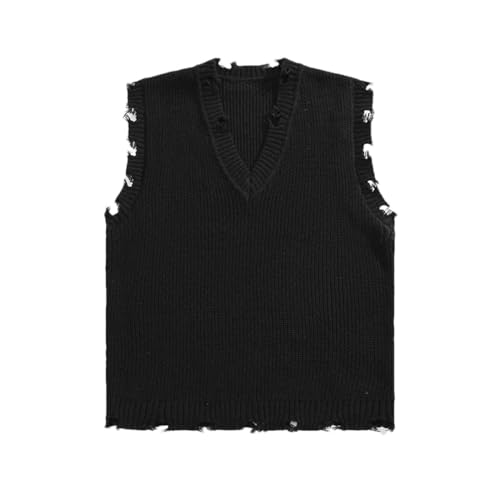 Men’S Preppy Style Ripped V-Neck Sweater Vest Loose Fit Sleeveless Pullover