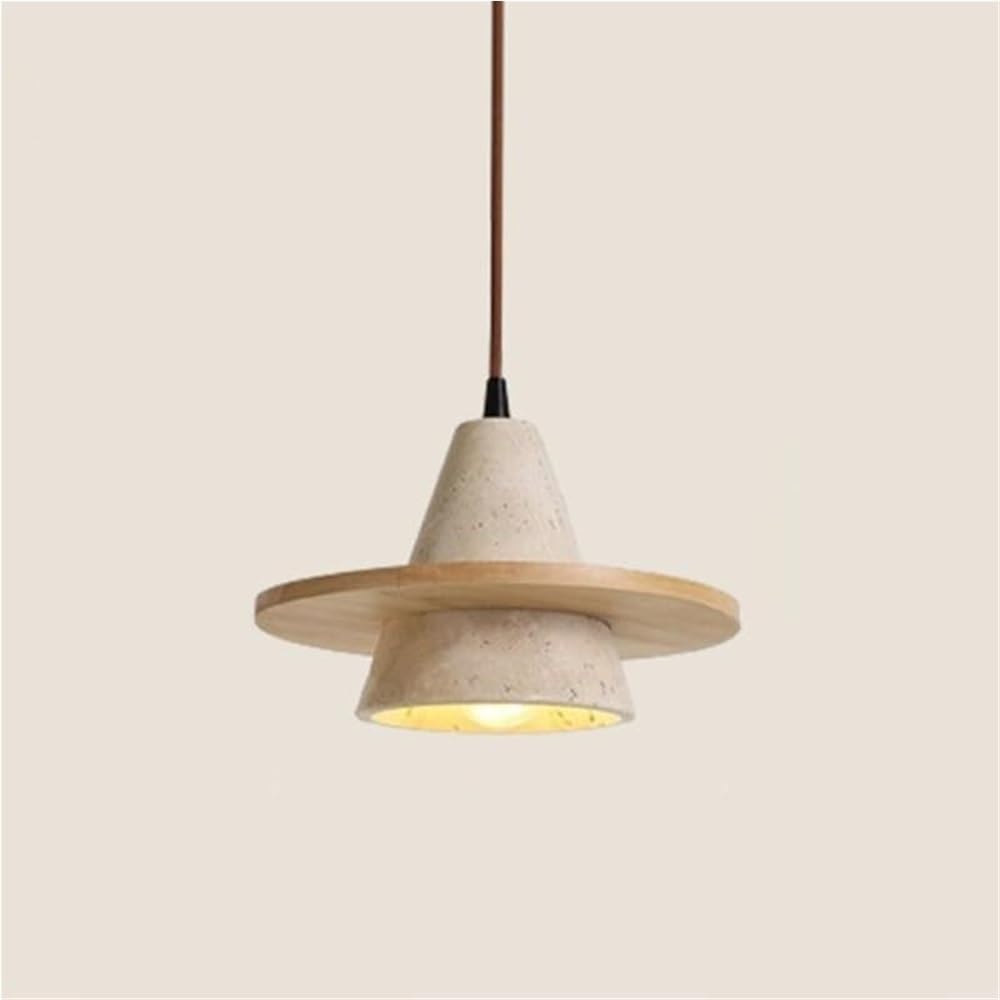 LYMSXAZOU Modern Minimalist Travertine Wood Pendant Light Stone Layered Cone and Disc Hanging Lamp Indoor Ambient Decor Chandelier for Kitchen Island Dining Room Bedside