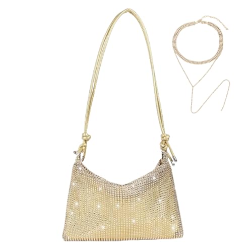 Imagen de GWAWG 2 bolsas cruzadas doradas con diamantes de imitación para mujer y collar brillante