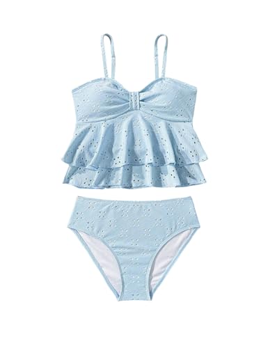 SHENHE Girl's 2 Piece Tankini Swimsuit Ruffle Flounce Bathing Suit Eyelet Embroidery Swimwear Blue 12Y