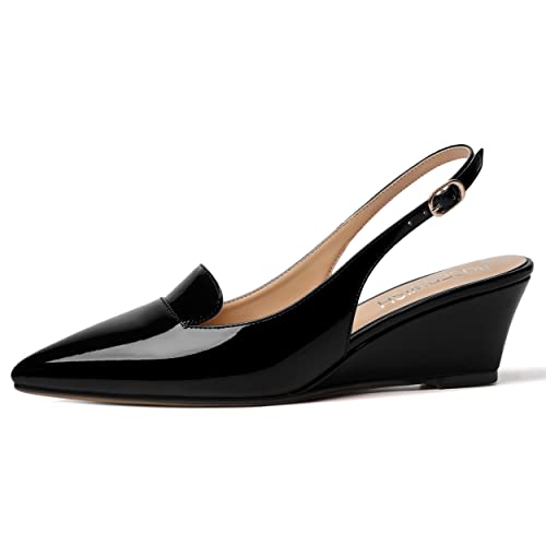 ROSERWISH Womens Pointed Toe Slingback Patent Party Office Buckle Dress Wedge Low Heel Pumps Shoes 2 Inch2
