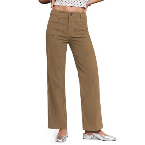 LOMON Women's Corduroy Pants, Low Rise Straight Leg Casual Work Pants 27 Khaki