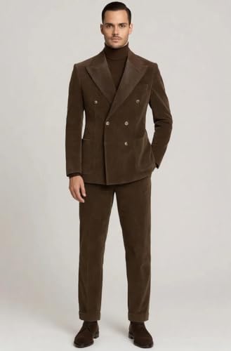 VENNYNG Men's Corduroy Suit Two Pieces Male Double Breasted Blazer Pants Set Daily Business4