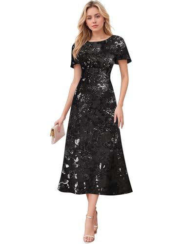 Tea Length Mother of The Bride Dresses Sequin Sparkly Beaded Short Sleeves A Line Formal Evening Dress for Women