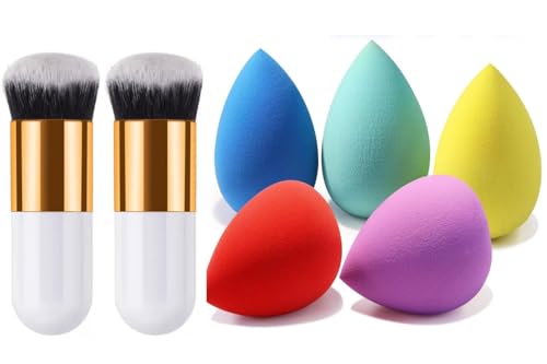 2 Foundation Makeup Brushes with 5 Multicolor Sponges – Latex-Free Beauty Blender Set for Liquid, Cream, and Powder Application – Makeup Tools Combo (7 Pcs Set)