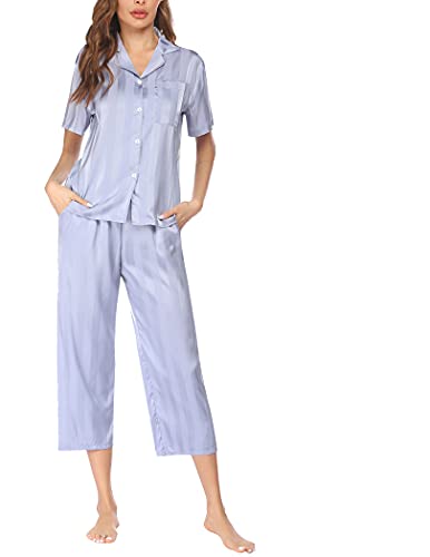 Ekouaer Women Stripe Pajama Satin Pj Set Short Sleeve Top and Capri Pant Grey M