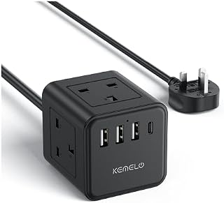 Cube Extension Lead with 4 USB Slots, Kemelo 4 Way (13A/3250W) Multi Plug Extension Cable with Child Safety UK Desktop Power Extension Socket,1.5M Extension Cords for Home Dorm Office Travel, Black
