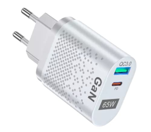 65 W Dual Port USB PD+USB A Ladegerät GAN Schnellladung Retra Kompatibel 45 W 30 W 20 W Stecker PD 3.0 kompatibel mit MacBook/Pad/iPhone 14/13/12/11 Samsung Galaxy Xiaomi Huawei (White) Cover